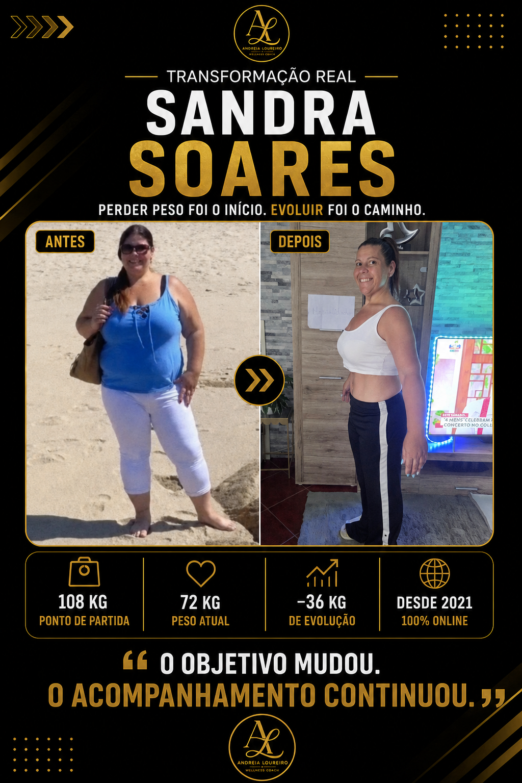 Evolução de Sandra Soares, de 108 kg para 72 kg